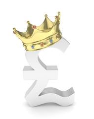 Isolated silver pound sign with golden crown on white background. British currency. Concept of investment, european market, savings. Power, luxury and wealth. Great Britain, Nothern Ireland. Crown