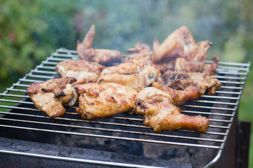 BBQ meat on grill in garden