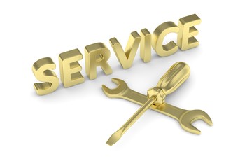 gold screwdriver and wrench tools on white background. service concept. 3D Rendering.