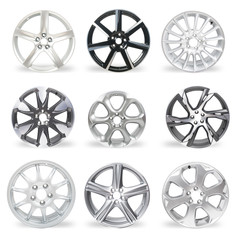 Set of 9 isolated car wheels on white background
