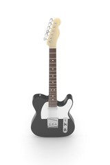 Naklejka premium Isolated black electric guitar on white background. Musical instrument for rock, blues, metal songs. 3D rendering.