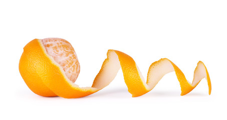 orange with peeled spiral skin isolated on white background