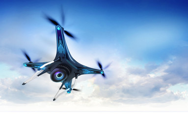 modern camera drone in flight with blue sky - obrazy, fototapety, plakaty