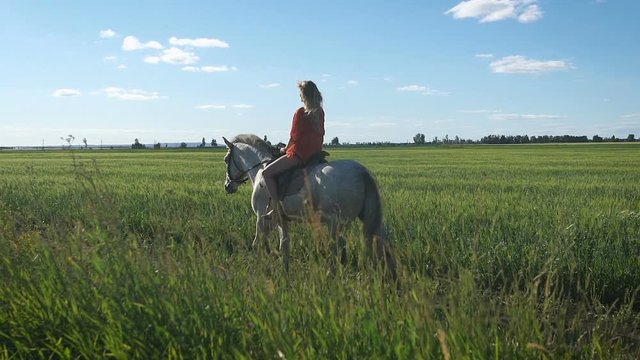 Beautiful blonde girl in the red shirt riding a horse at countryside