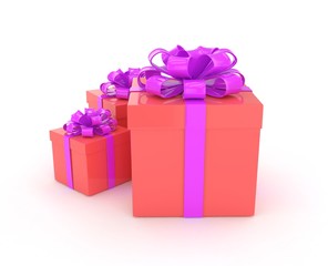 three gift boxes with bows isolated on white. 3d rendering.