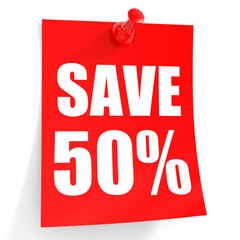 Discount 50 percent off. 3D illustration on white background.