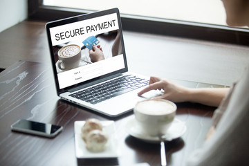 Young beautiful female sitting in modern urban cafe drinking cappuccino, using secure payment software for online payments, paying for online shopping on laptop. Back view. Close-up of hands