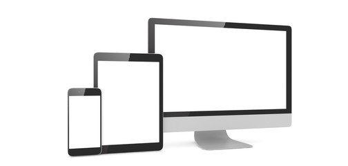 Responsive web design, laptop, smartphone, tablet, computer, display. 3d rendering.