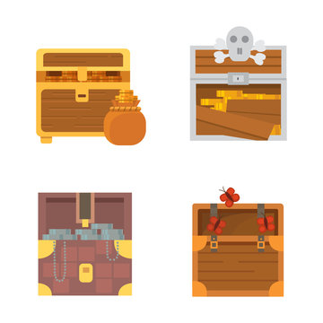 wooden chests with golden coins and money. safe money cartoon chasts