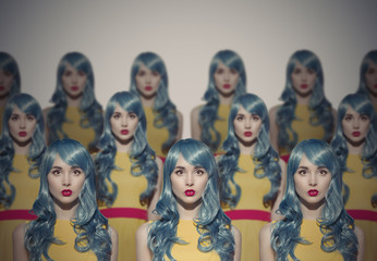 Many Glamour Beauty Woman Clones. Identical Crowd Concept. - obrazy, fototapety, plakaty