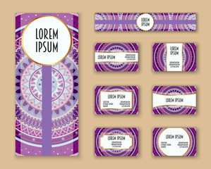 Business cards, invitations and banner template set. Ethnic mandala pattern and ornaments in boho style.