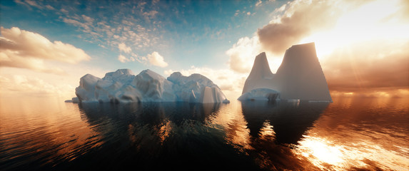 Ultrawide image of icebergs in calm ocean © malp