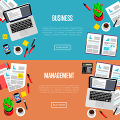 Business management website templates. Top view office workspace, vector illustration. Business workplace with laptop, smartphone, financial documents, coffee cup and other objects on color background