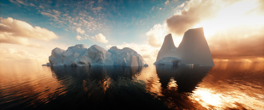 Ultrawide image of icebergs in calm ocean