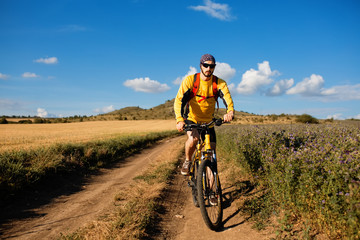 Naklejka premium Young man cycling on a rural road