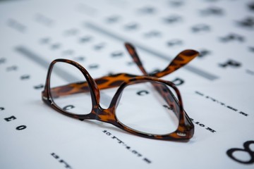 Close-up of spectacles on eye chart