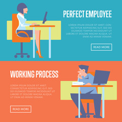 Young active business people using desktop computers in office. Perfect employee and working process banners, isolated vector illustration on color background. Office life. Business process concept