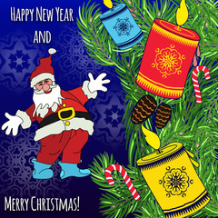 Postcard with snowflakes, inscription, bell, for Merry Christmas and Happy New Year celebration