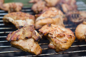 BBQ meat on grill in garden