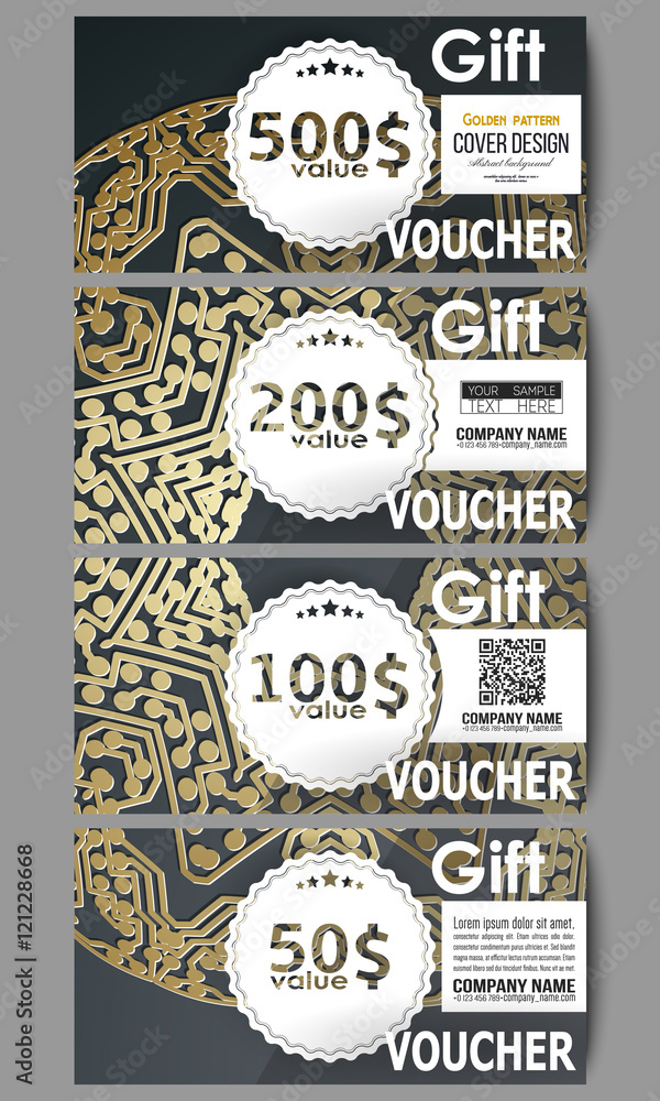 Poster set of modern gift voucher templates. golden microchip pattern on dark background with connecting do