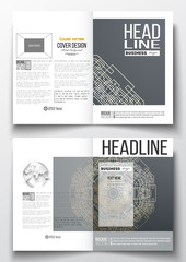 Set of business templates for brochure, magazine, flyer. Round golden technology pattern, dark background, mandala template, connecting lines and dots, connection structure. Digital scientific vector