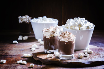 Liquid chocolate with marshmallow sprinkled with cocoa powder, v