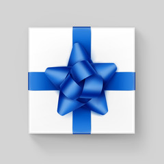 White Square Gift Box with Blue Ribbon Bow on Background