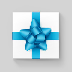White Gift Box with Light Blue Azure Ribbon Bow Isolated