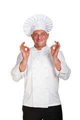 Chef man isolated over white background.