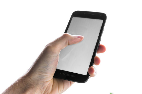 Hand Using Blank White Screen Cell Phone Press Finger Isolated