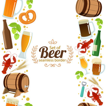 Vertical seamless borders of colorful beer icons. Vector stock illustration.