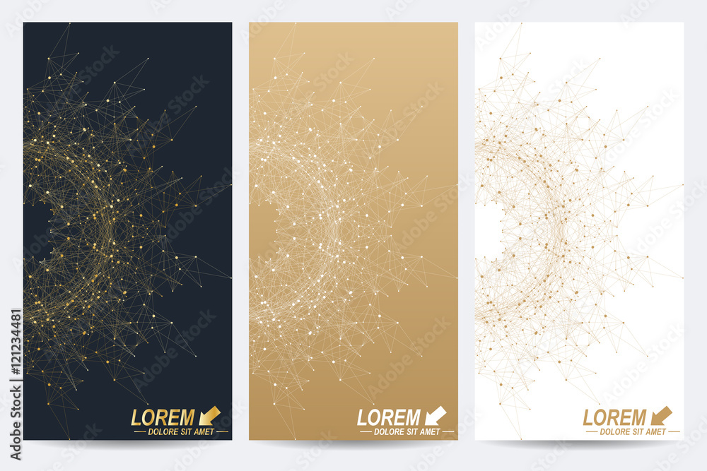 Aufkleber Modern set of vector flyers. Geometric abstract presentation with golden mandala. Molecule and communication background for medicine, science, technology, chemistry.