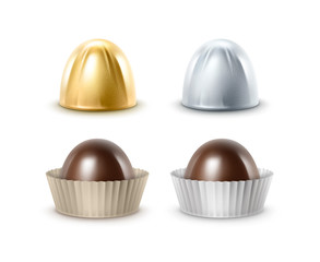 Vector Set of Realistic Dark Black Bitter Chocolate Candies in  Papper Golden Silver Glossy Foil Wrapper Close up Isolated on White Background