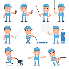 Set of Happy and Intelligent Character Repairman making presenta