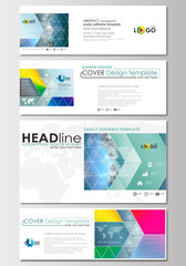 Social media and email headers set, modern banners. Business templates. Cover design template, flat layout in popular formats. Abstract triangles, blue triangular background, colorful polygonal vector