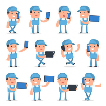 Set of Smart and Funny Character Repairman holding mobile phone