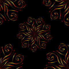 Seamless pattern with circular yellow red floral ornament on black background for design