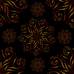 Seamless pattern with large and small red circular floral ornament on black for design