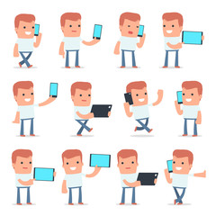 Set of Smart and Funny Character Casual Boy holding mobile phone