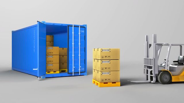 Red opened container and many of carton boxes on a pallet, isolated on white background for use in presentations, education manuals, design, etc. 3D