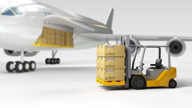 Cargo wide-body plane and aircraft passenger loader near terminal for use in presentations, education manuals, design, etc. 3D render