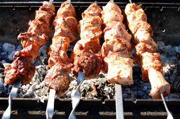 Grilled shish kebab on metal skewer, closeup. Roasted meat cooked at barbecue. BBQ fresh beef chop slices. Traditional eastern dish. Grill on charcoal and flame, picnic, street food