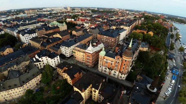 Aerial view. Stockholm. Old houses, buildings and streets. City center. Sweden. Shot in 4K (ultra-high definition (UHD).
