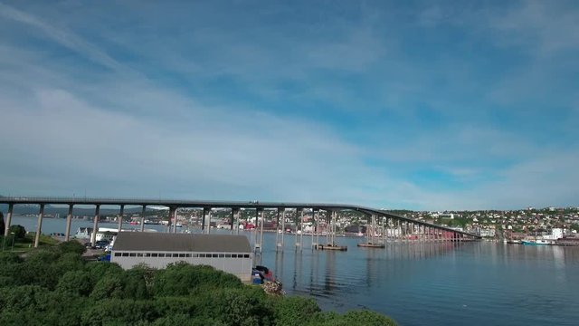 Aerial footage from Bridge of city Tromso, Norway aerial photography. Tromso is considered the northernmost city in the world with a population above 50,000.