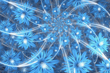 Blue abstract fractal cornflowers or centaureas with lighting rays for your creative design.