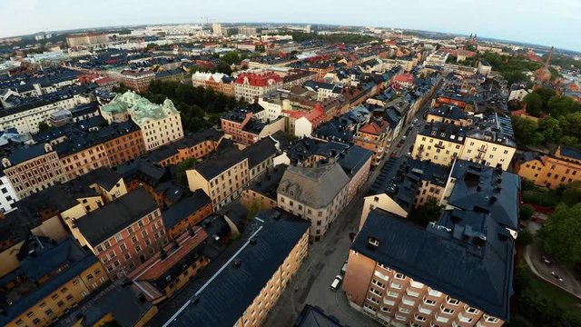Aerial view. Stockholm. Old houses, buildings and streets. City center. Sweden. Shot in 4K (ultra-high definition (UHD).

