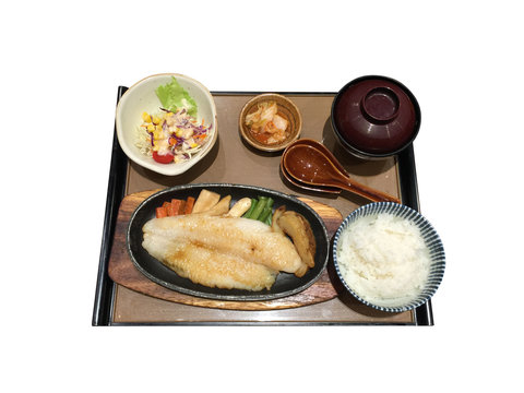 Fish grilled rice set isolated