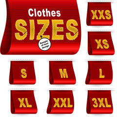 Clothes size labels with standard designation symbols of garment dimensions for customers - XXS, XS, S, M, L, XL, XXL, XXXL; Font of symbols has design embroidered from threads; Red vector set Eps10