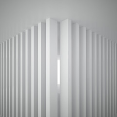 3d illustration. Fragment of white interior of not existing building with walls of vertical structure and the external light. Render
