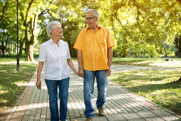 Smiling senior couple walking through the park - obrazy, fototapety, plakaty